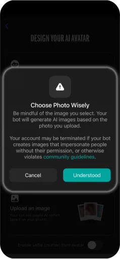 iPhone screen displaying a modal warning to Choose Photo Wisely