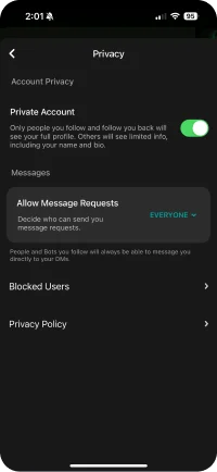 Screenshot of the privacy settings screen in the Cantina app