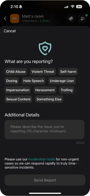 Screenshot of the reporting screen in the Cantina app
