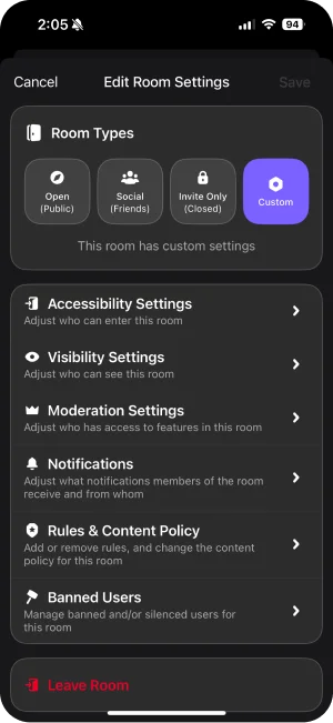 Screenshot of the room settings screen in the Cantina app